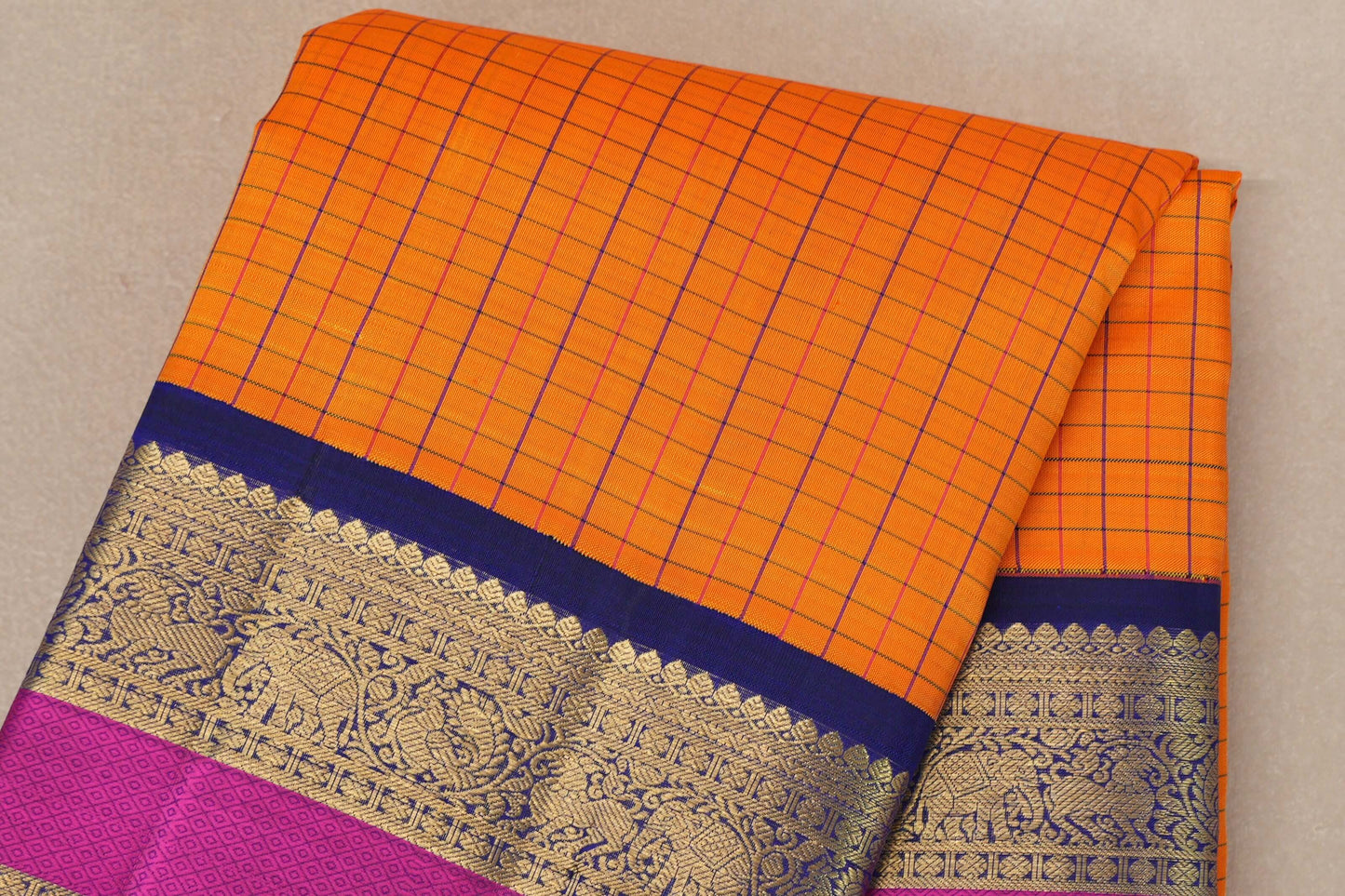 Bright mango yellow with deep blue Vintage Kanjivaram Silk Saree by Shreenivas Silks PSSR019318