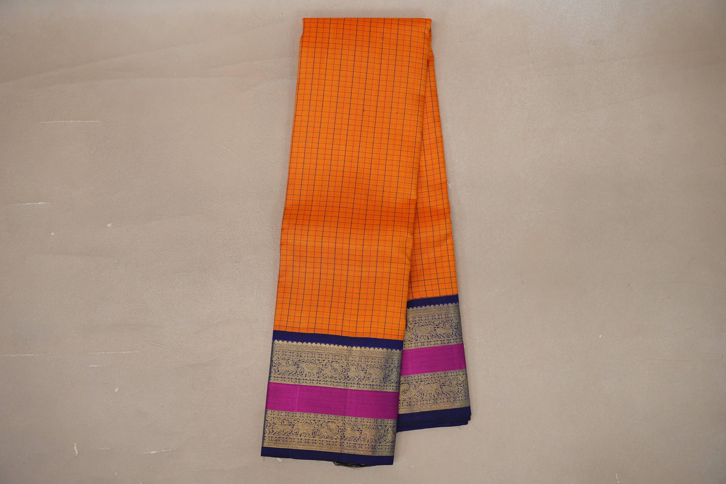 Bright mango yellow with deep blue Vintage Kanjivaram Silk Saree by Shreenivas Silks PSSR019318