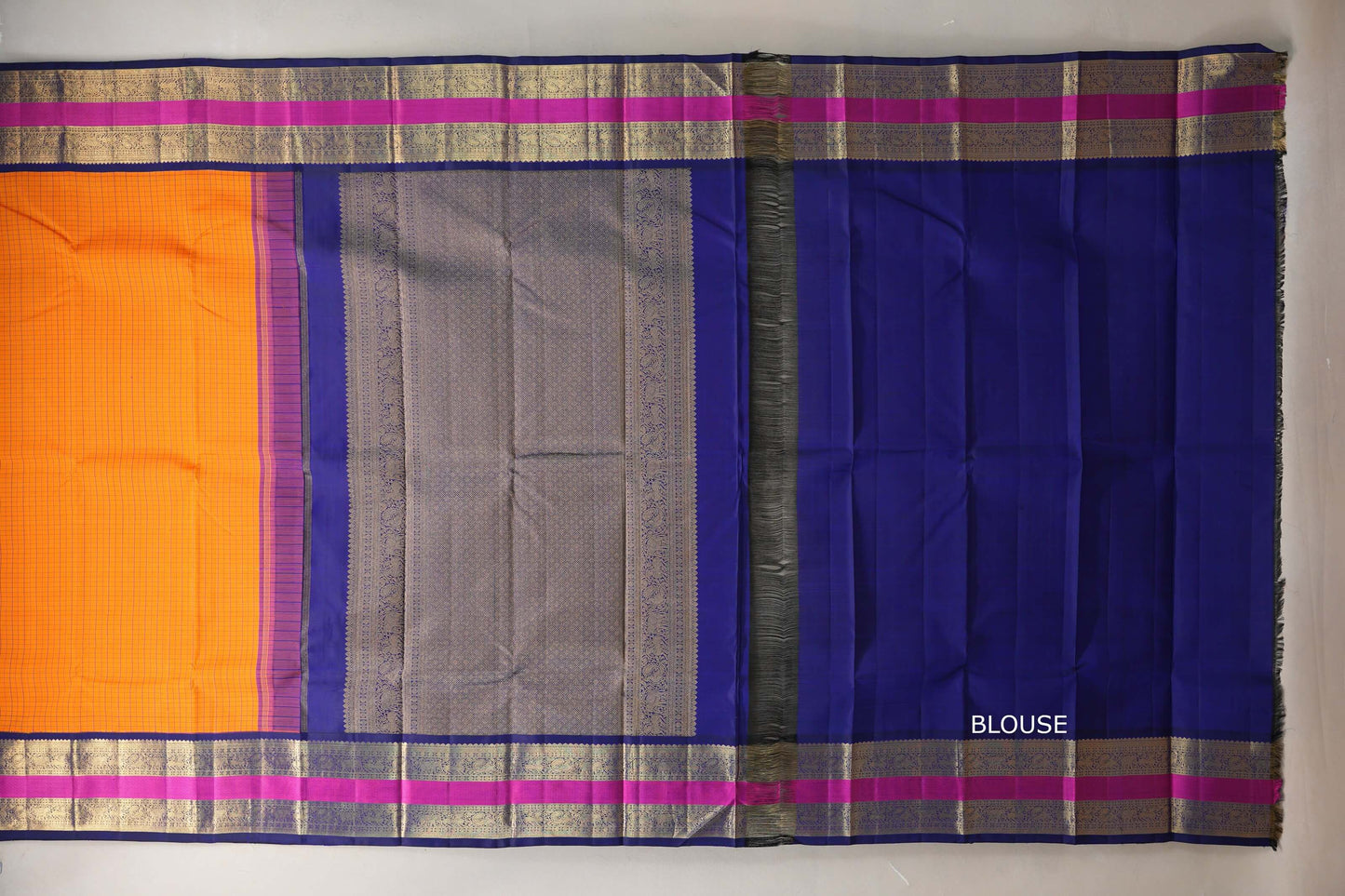 Bright mango yellow with deep blue Vintage Kanjivaram Silk Saree by Shreenivas Silks PSSR019318
