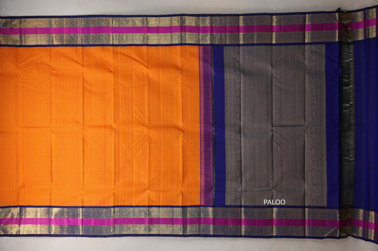 Bright mango yellow with deep blue Vintage Kanjivaram Silk Saree by Shreenivas Silks PSSR019318