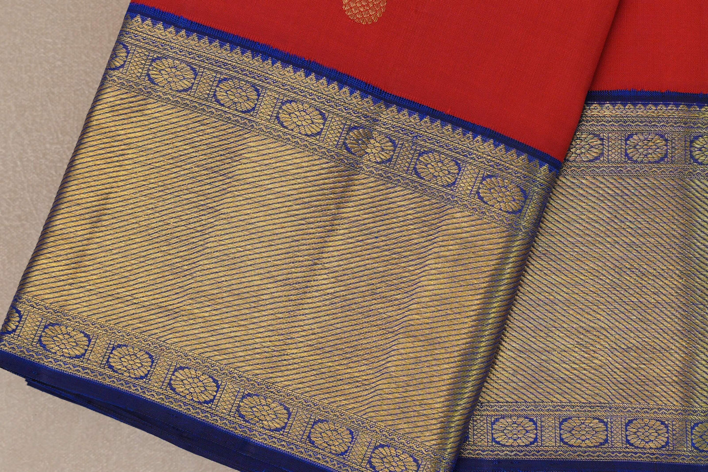 Bright red with bright blue Vintage Kanjivaram Silk Saree by Shreenivas Silks PSSR019319