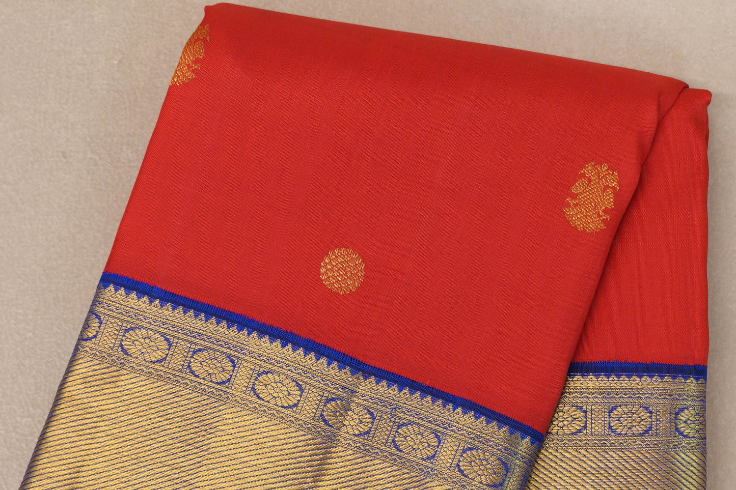 Bright red with bright blue Vintage Kanjivaram Silk Saree by Shreenivas Silks PSSR019319