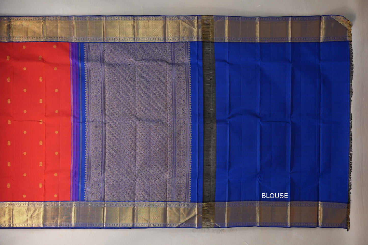 Bright red with bright blue Vintage Kanjivaram Silk Saree by Shreenivas Silks PSSR019319