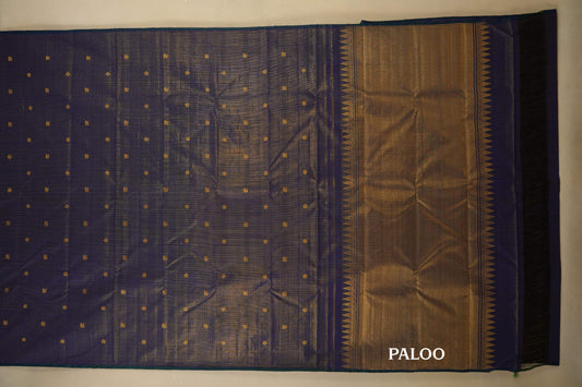 Blue Small Zari Checks Vintage Kanjivaram Silk Saree paloo