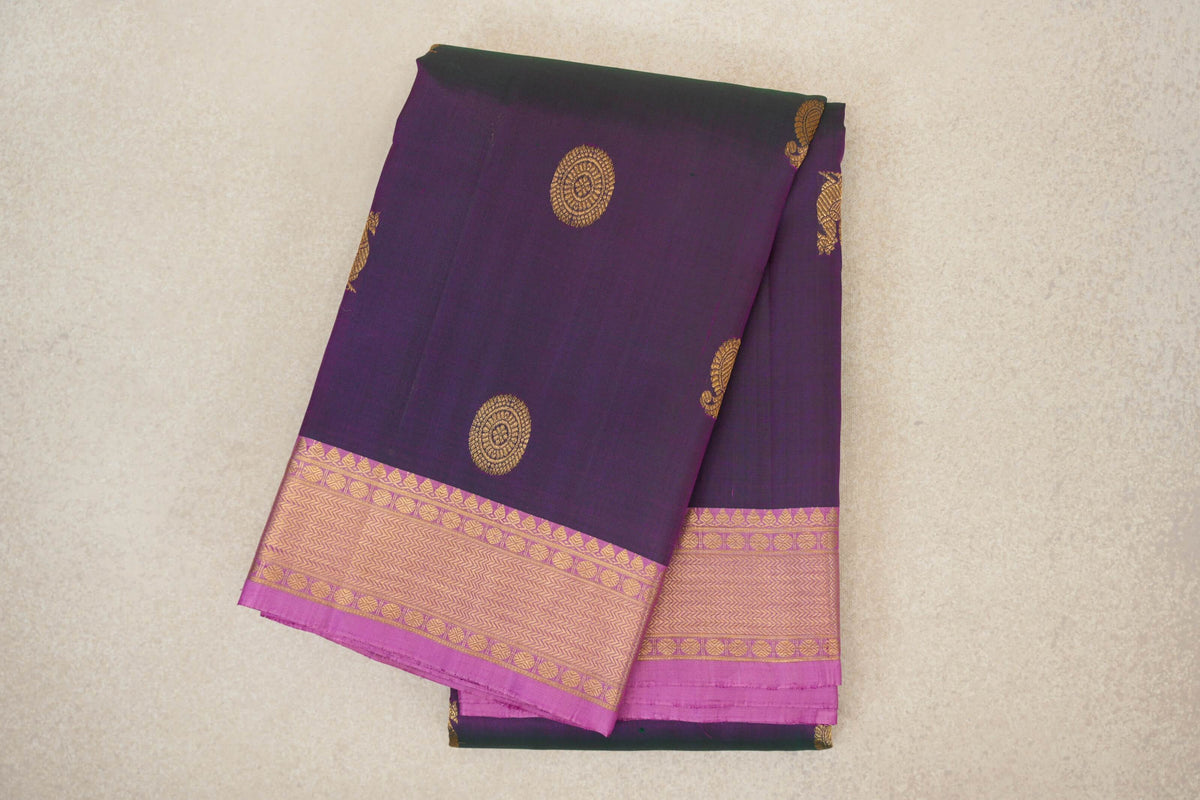folded Dual Tone of Bottle Green and Pink Vintage Kanjivaram Silk Saree