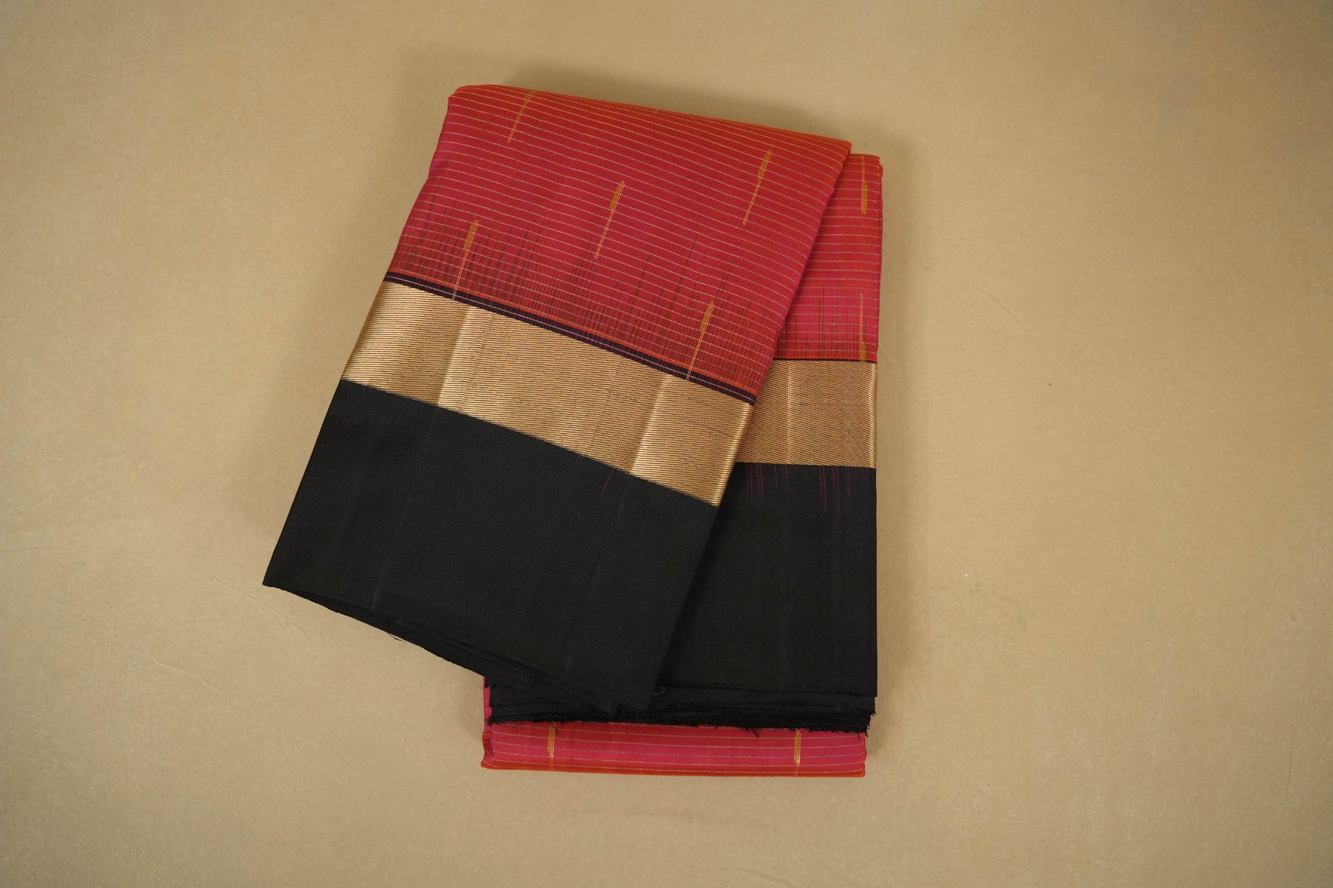 Pinkish Orange with Black Borders Light Weight Kanjivaram Silk Saree