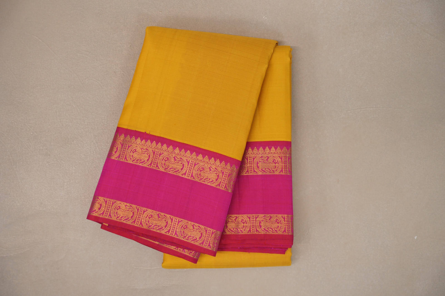 Bright yellow with Bright Rani Pink Vintage Kanjivaram Silk Saree by Shreenivas Silks PSSR019321