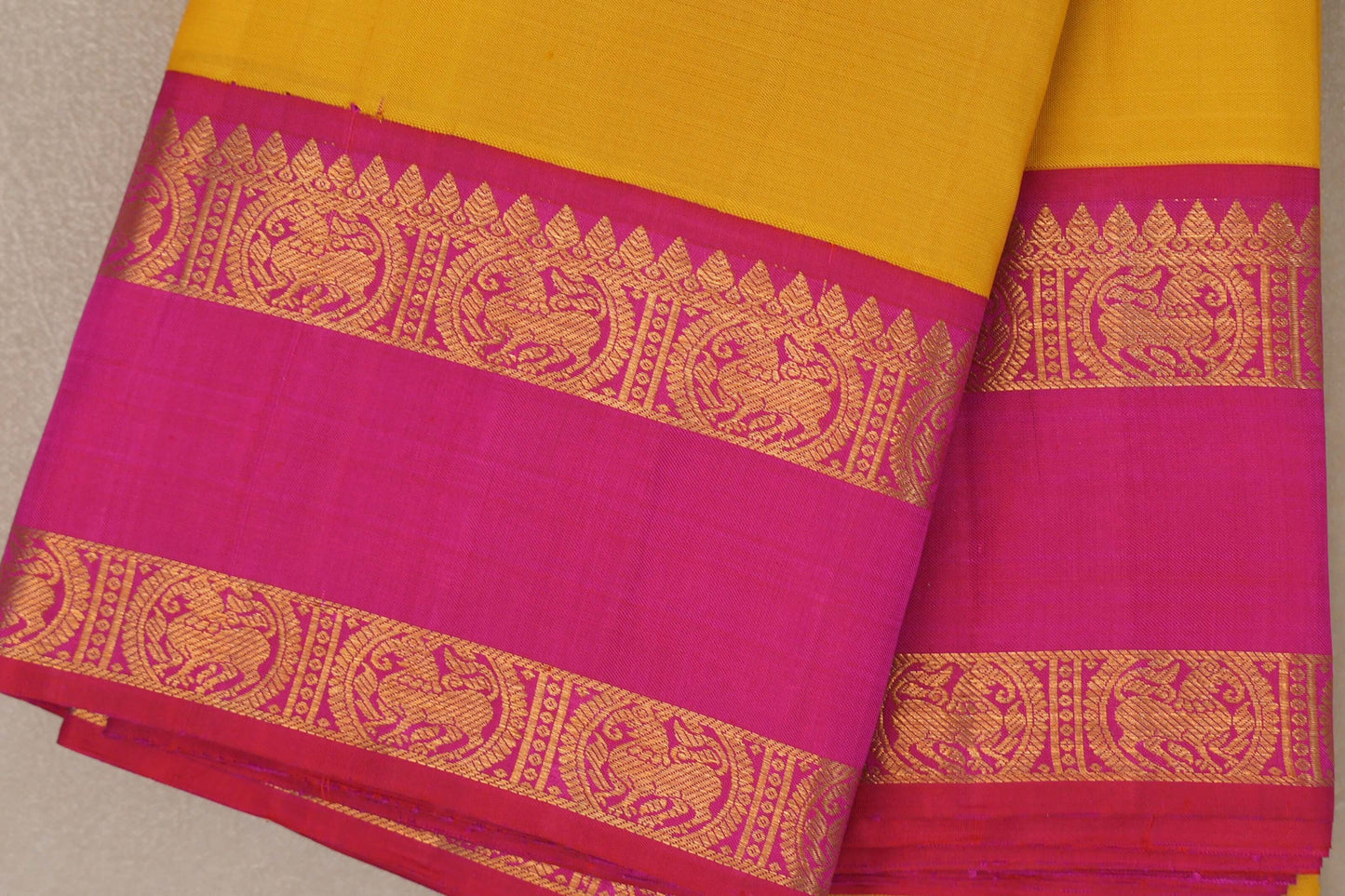Bright yellow with Bright Rani Pink Vintage Kanjivaram Silk Saree by Shreenivas Silks PSSR019321