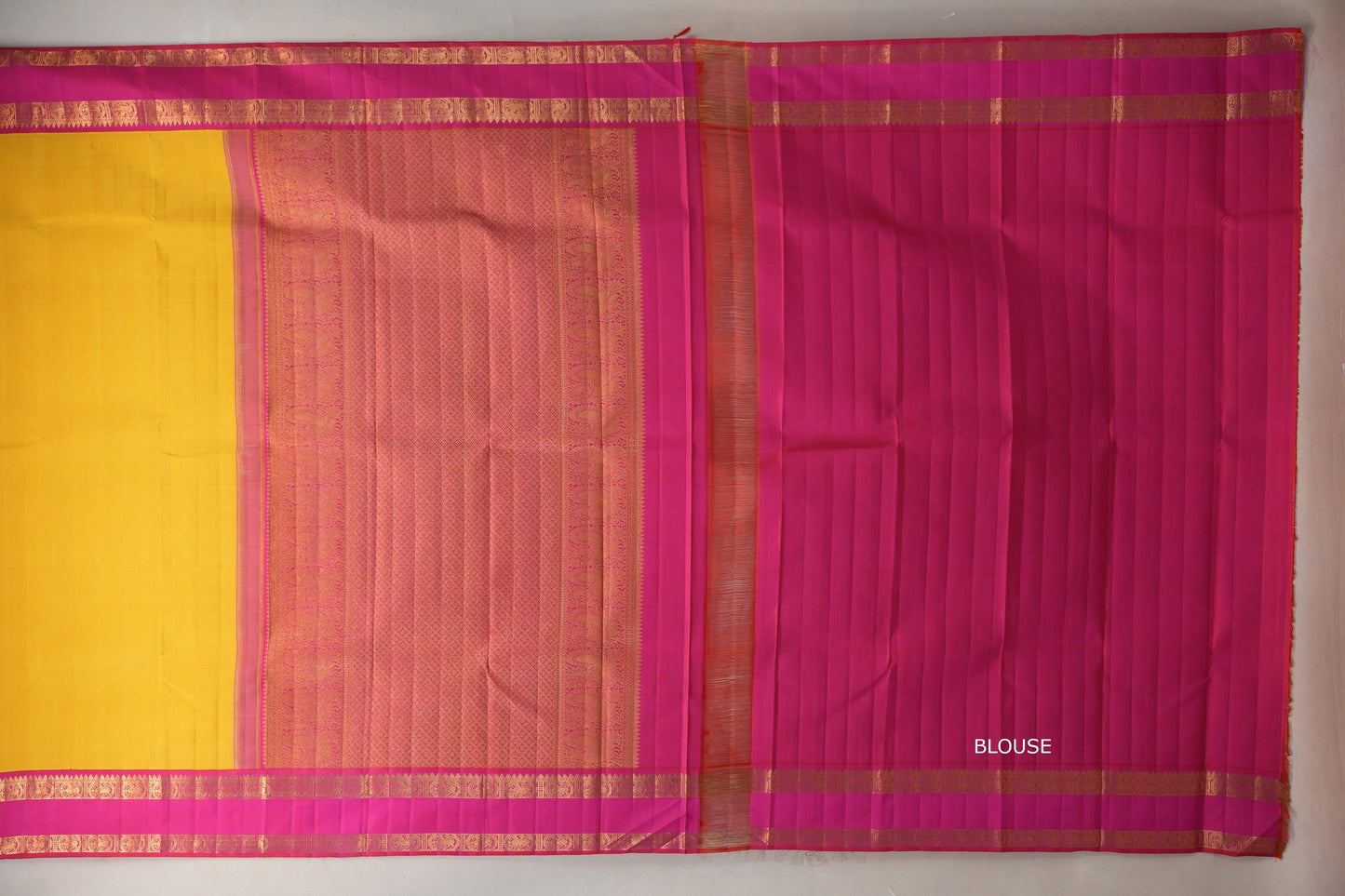 Bright yellow with Bright Rani Pink Vintage Kanjivaram Silk Saree by Shreenivas Silks PSSR019321
