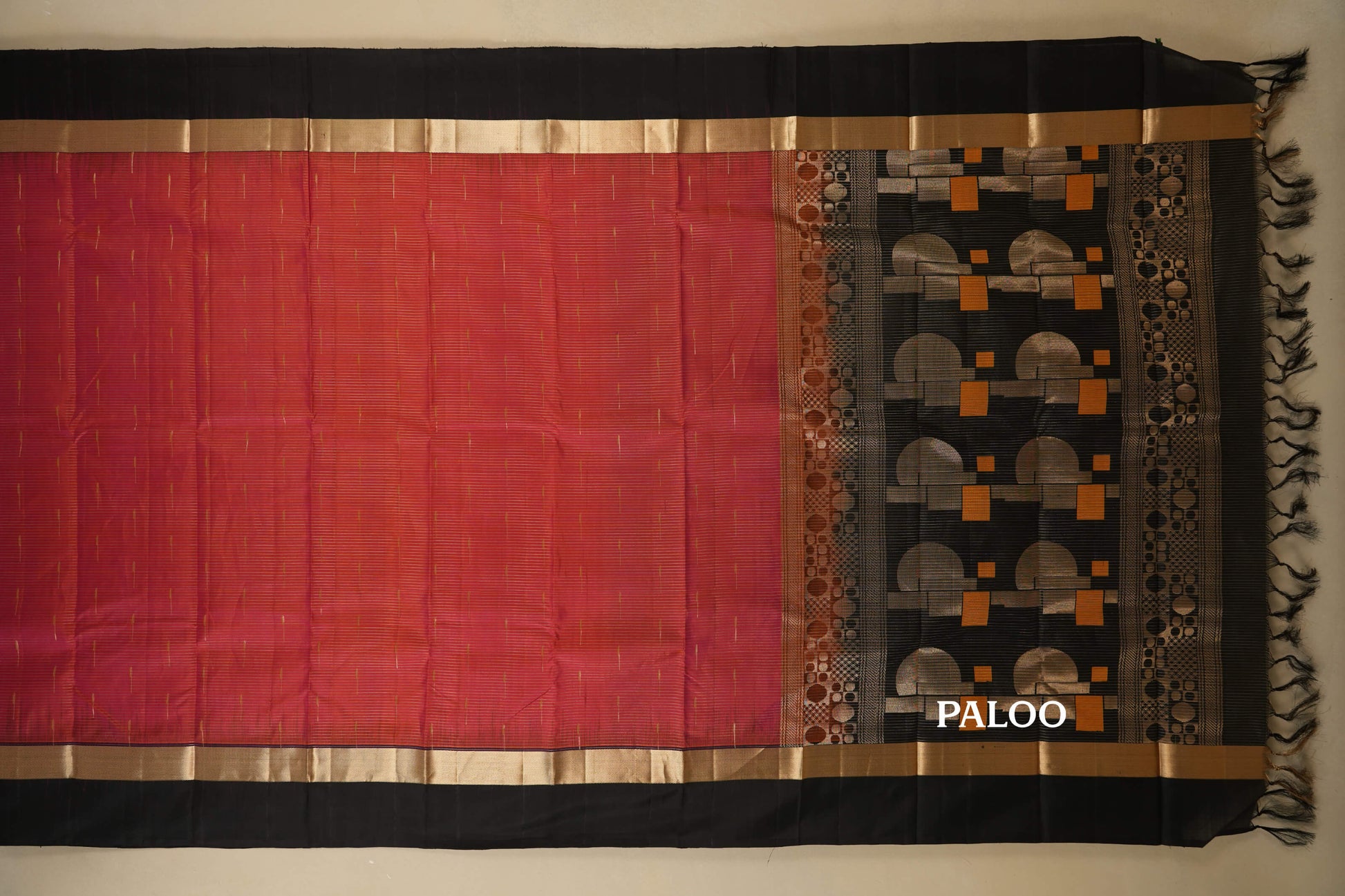 Pinkish Orange with Black Borders Light Weight Kanjivaram Silk Saree paloo
