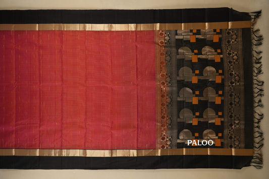 Pinkish Orange with Black Borders Light Weight Kanjivaram Silk Saree paloo