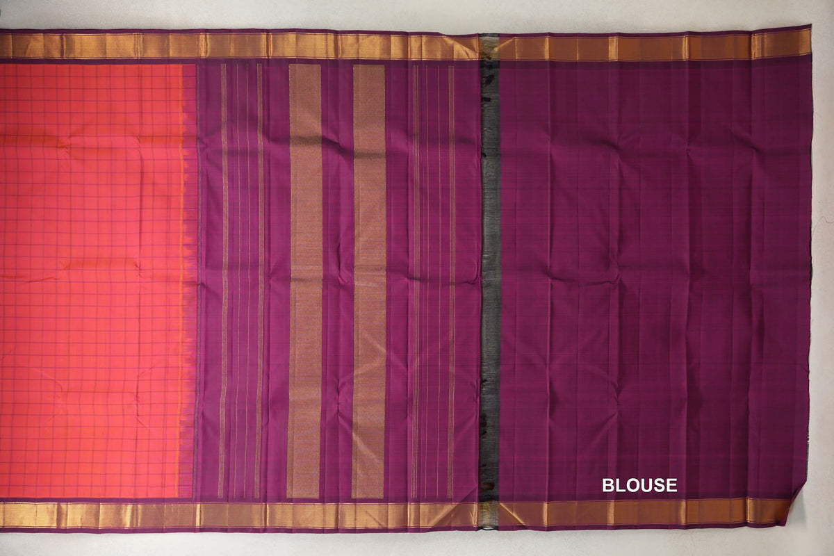 Dual Tone of Pink and Orange Vintage Kanjivaram Silk Saree blouse