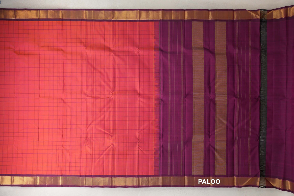 Dual Tone of Pink and Orange Vintage Kanjivaram Silk Saree paloo