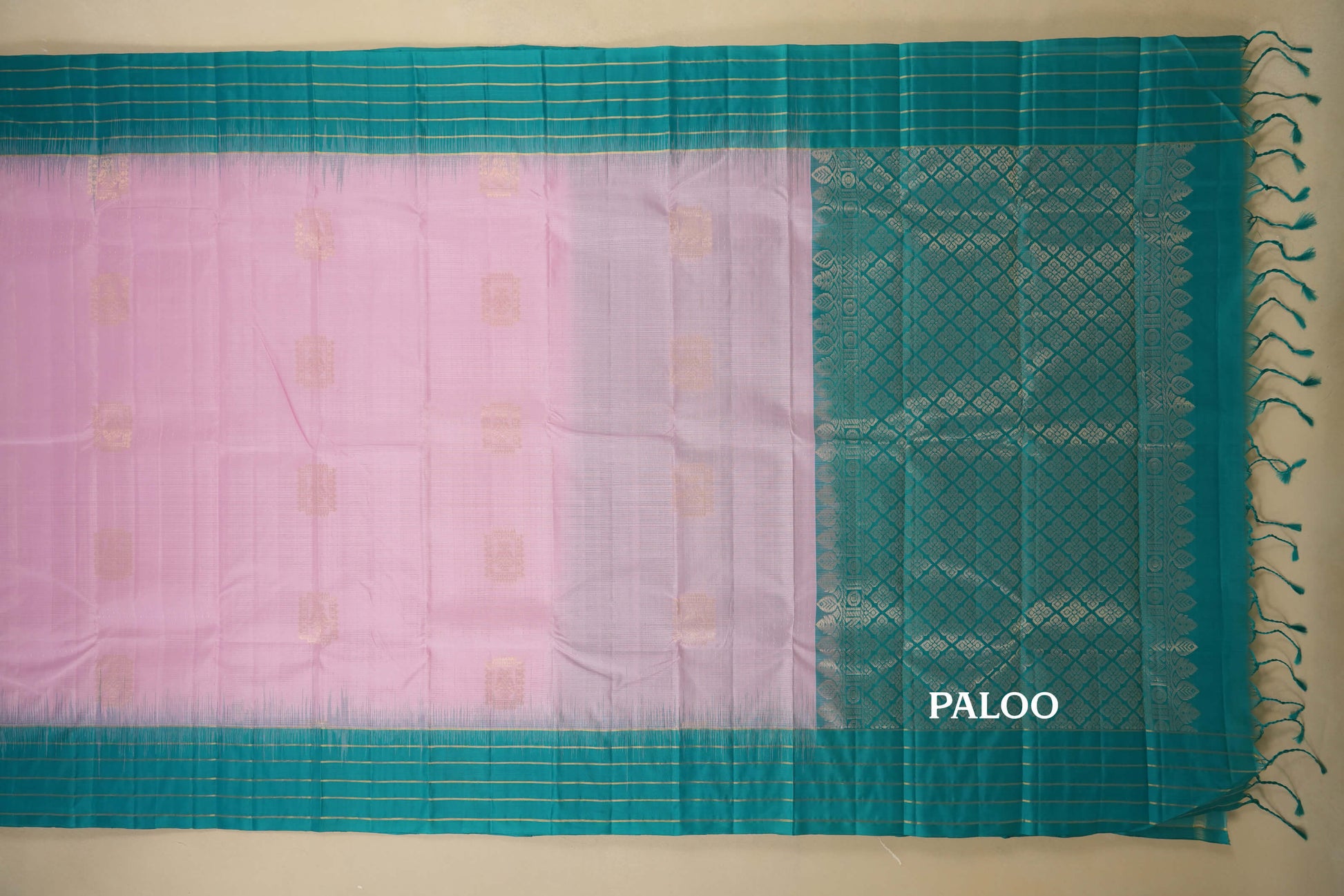 Baby Pink with Rama Blue Borders Light Weight Kanjivaram Silk Saree paloo