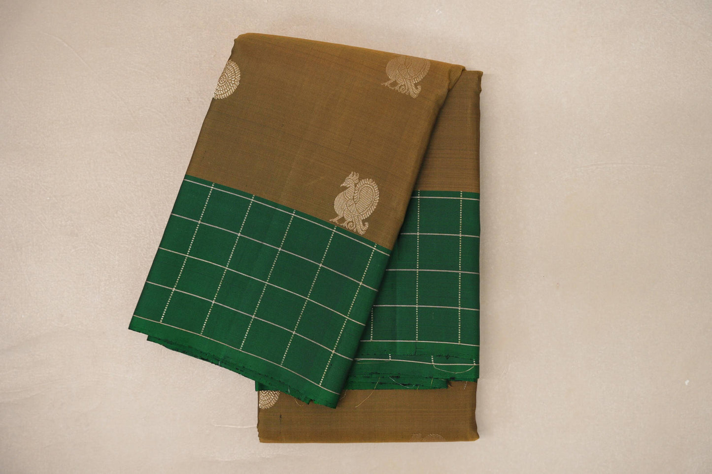 Golden Olive Green with Emerald Green Borders Vintage Kanjivaram Silk Saree