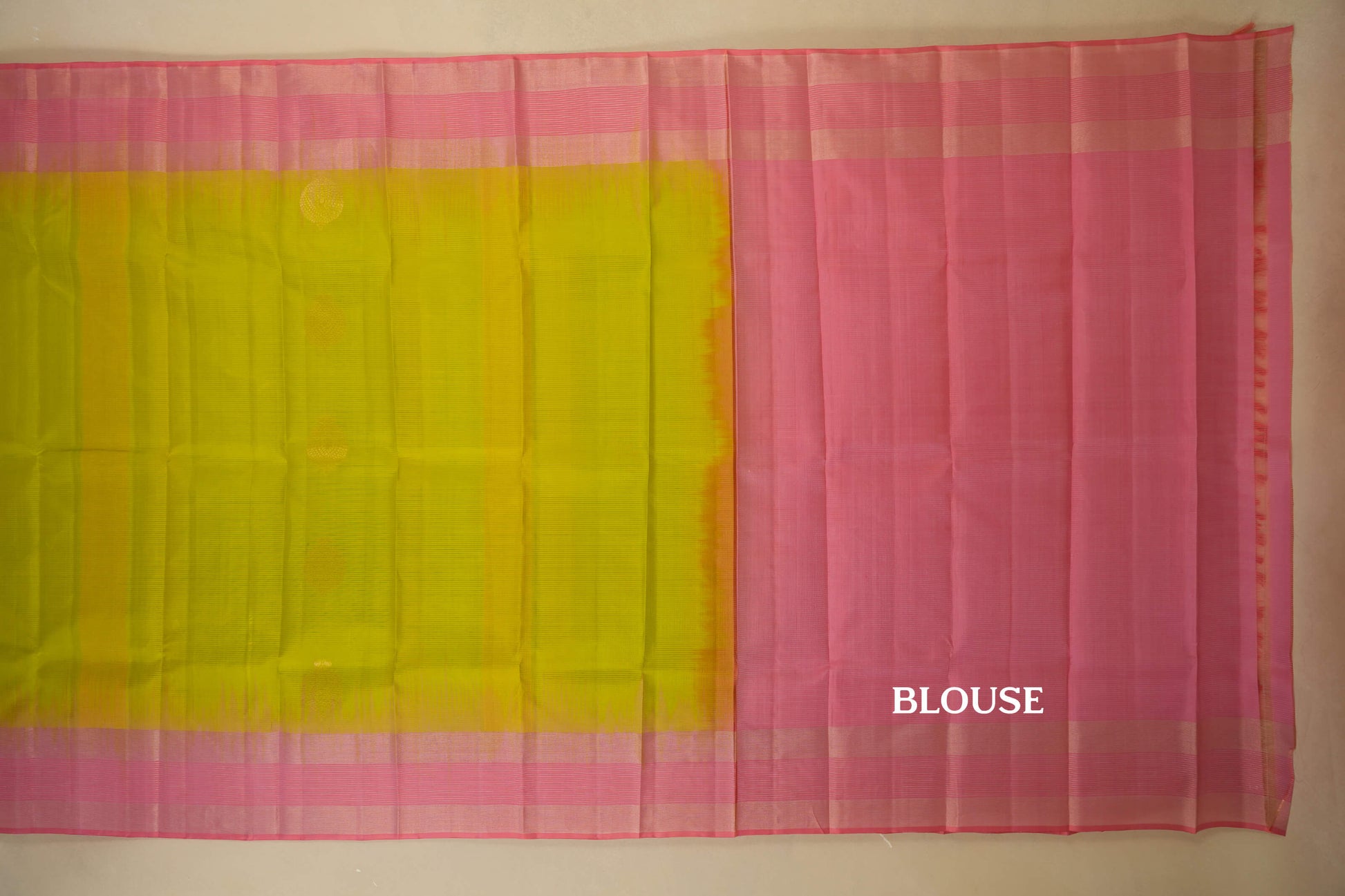 Parrot Green with Light Pink Borders Light Weight Kanjivaram Silk Saree blouse