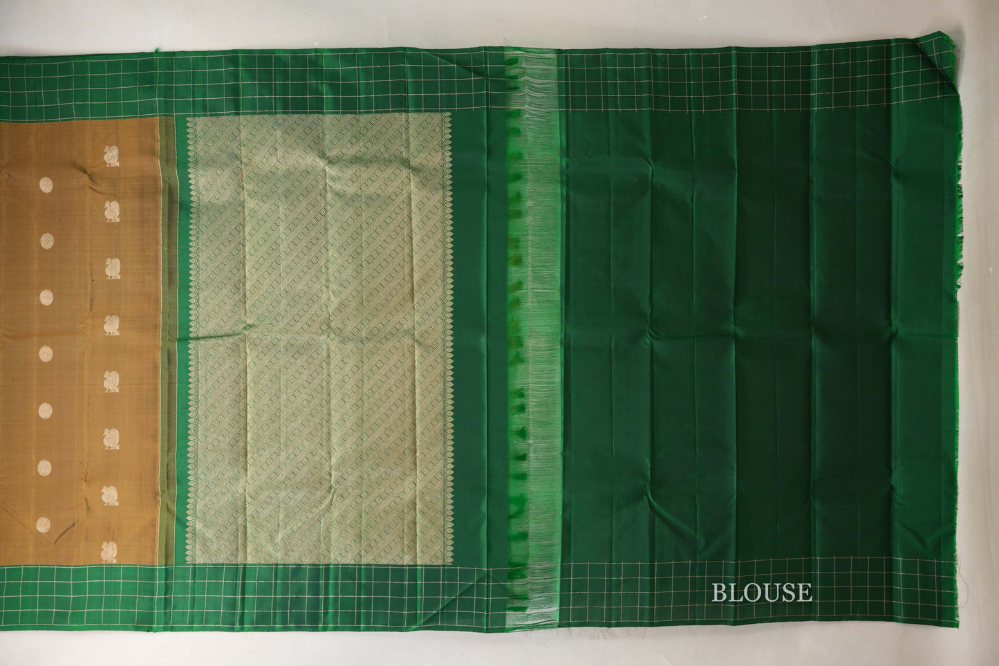 Golden Olive Green with Emerald Green Borders Vintage Kanjivaram Silk Saree blouse