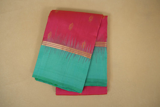 Peach Pink with Rama Blue Borders Light Weight Kanjivaram Silk Saree
