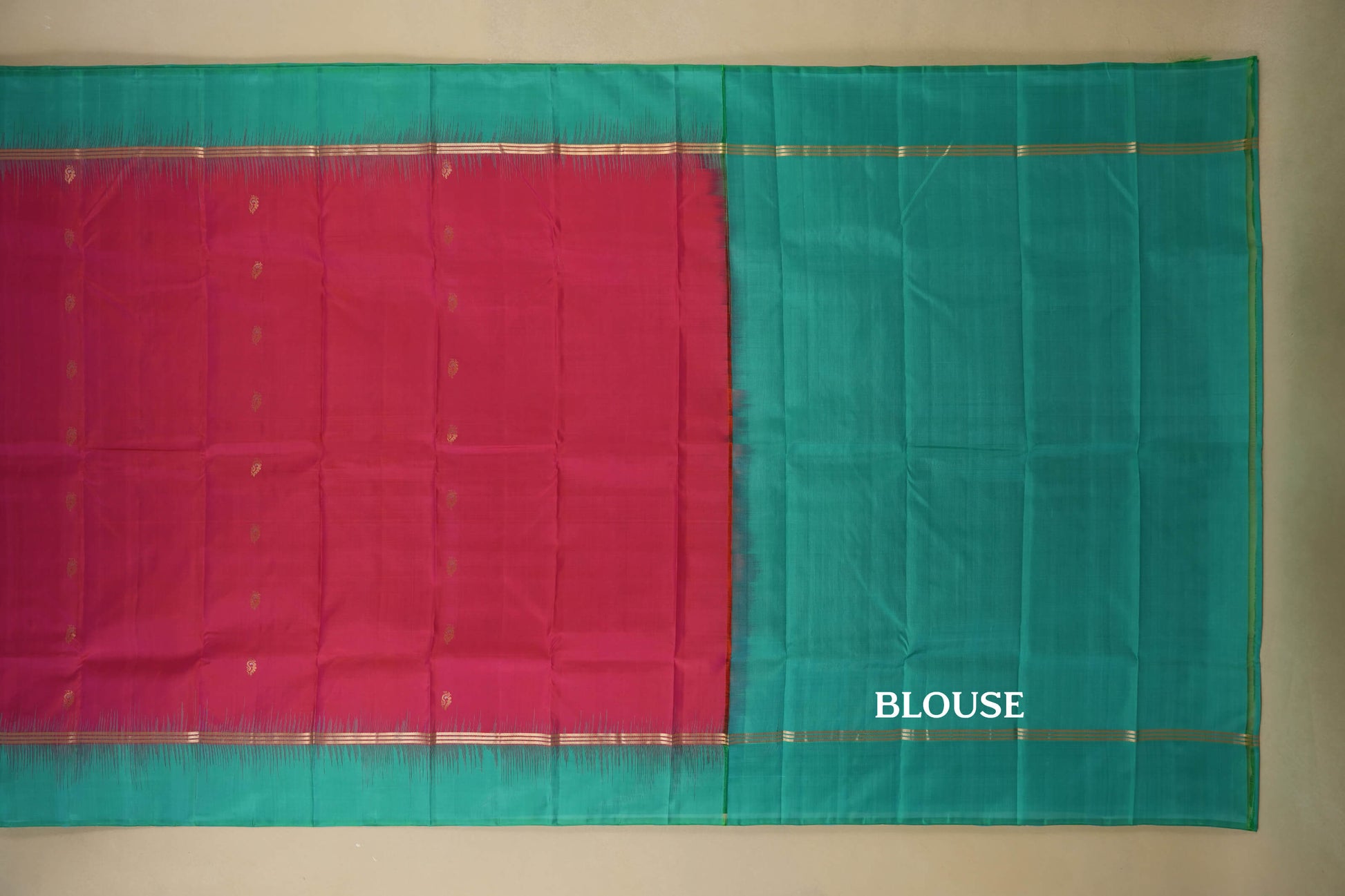 Peach Pink with Rama Blue Borders Light Weight Kanjivaram Silk Saree blouse