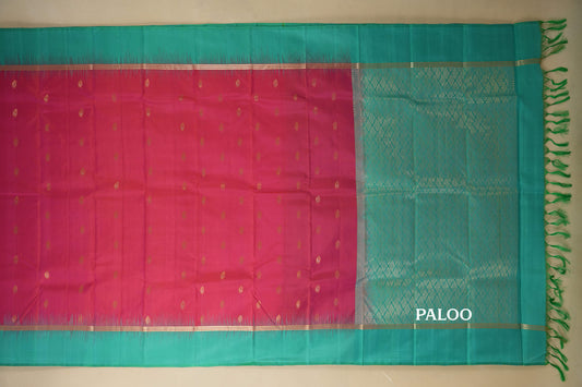 Peach Pink with Rama Blue Borders Light Weight Kanjivaram Silk Saree paloo