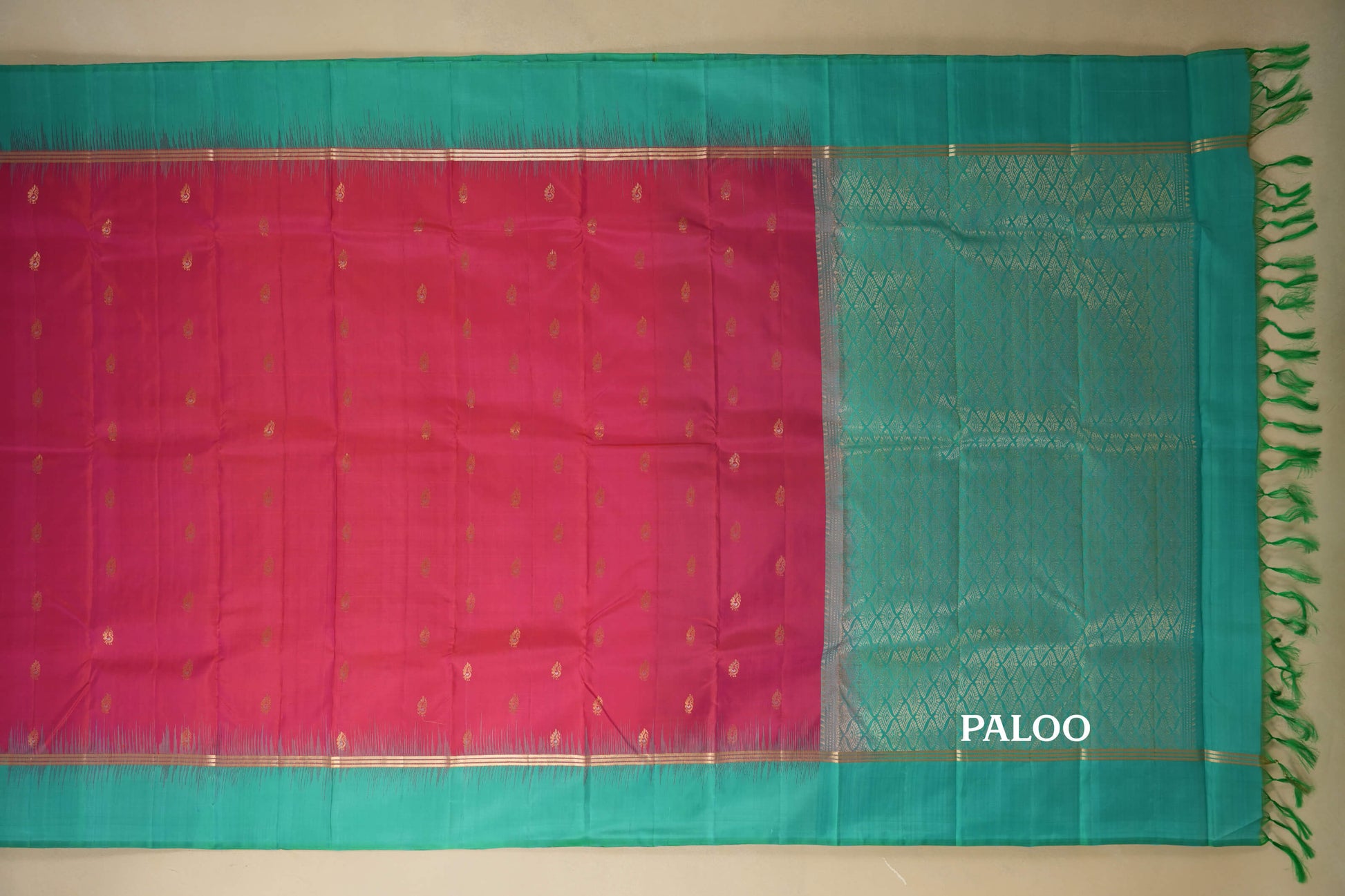 Peach Pink with Rama Blue Borders Light Weight Kanjivaram Silk Saree paloo