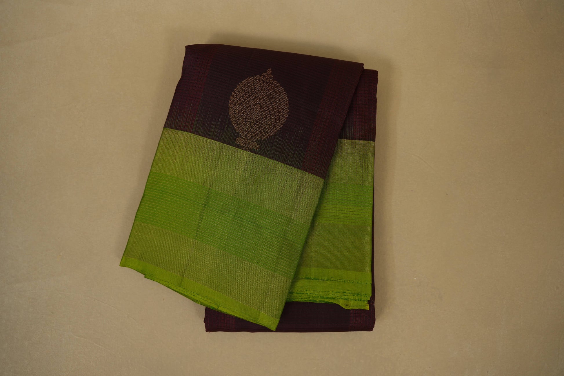 Dark Coffee Brown with Leaf Green Borders Light Weight Kanjivaram Silk Saree