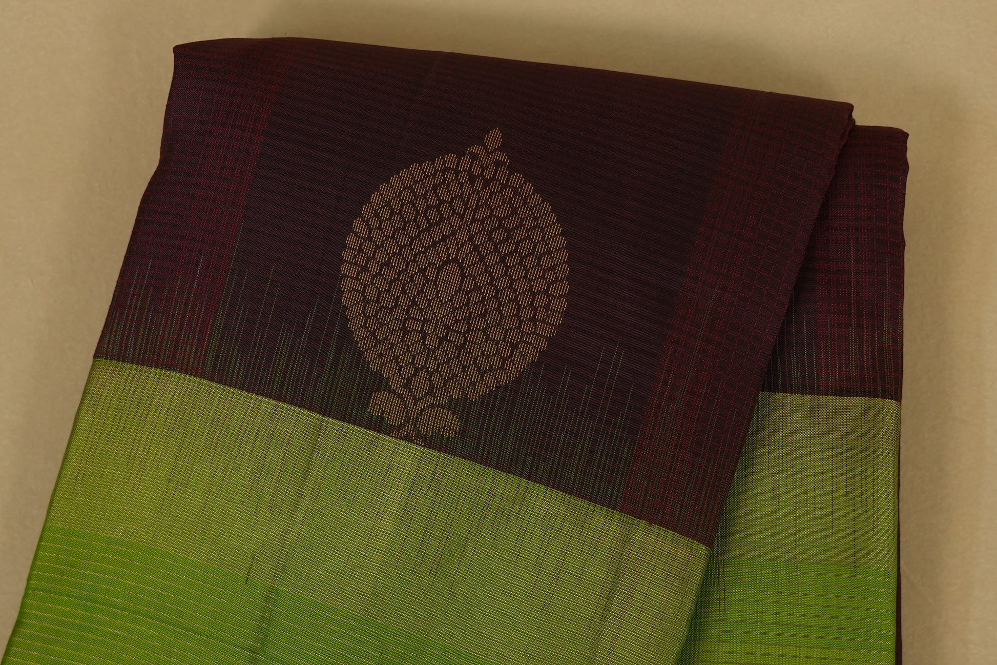 Dark Coffee Brown with Leaf Green Borders Light Weight Kanjivaram Silk Saree body
