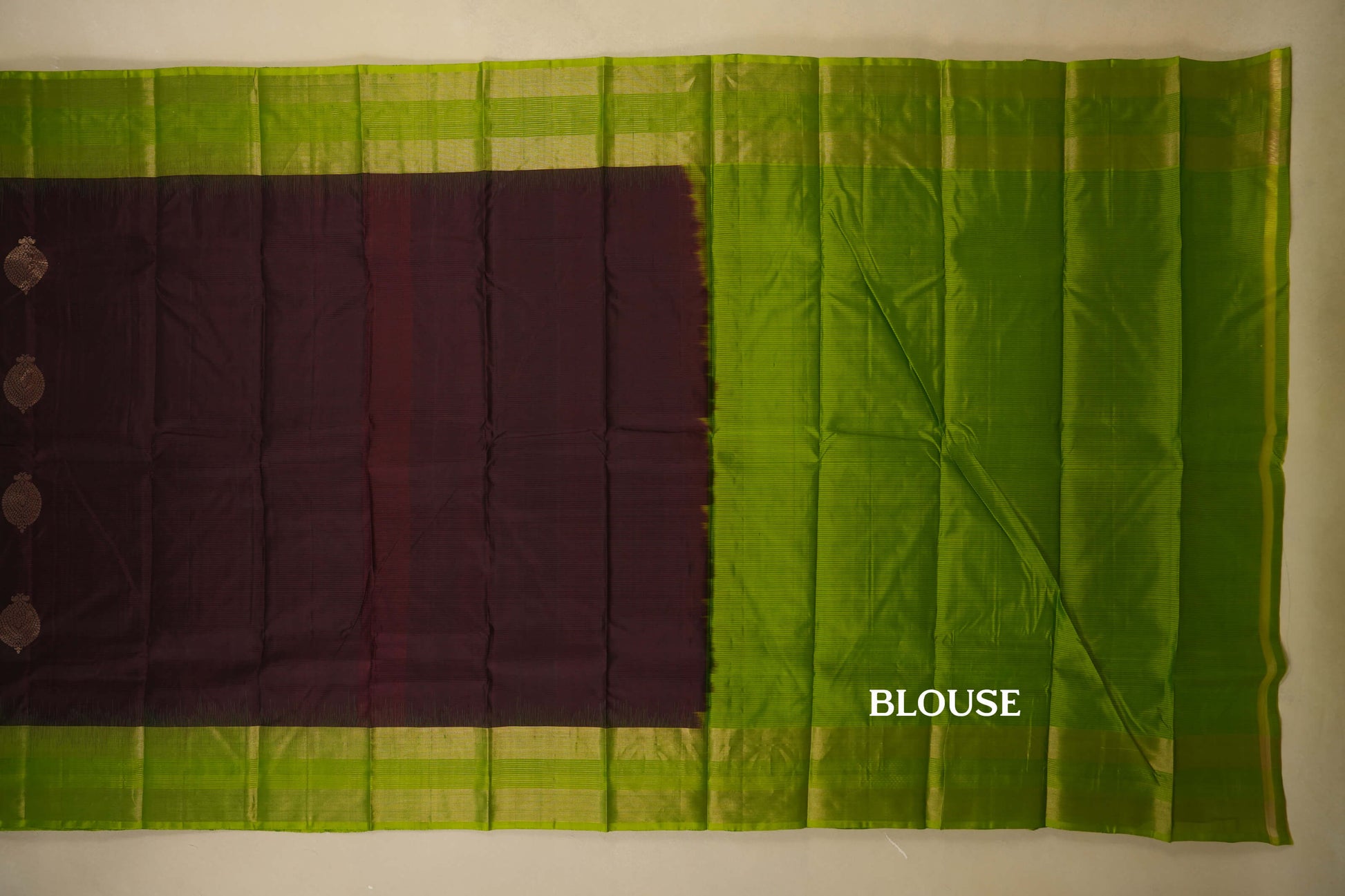 Dark Coffee Brown with Leaf Green Borders Light Weight Kanjivaram Silk Saree blouse