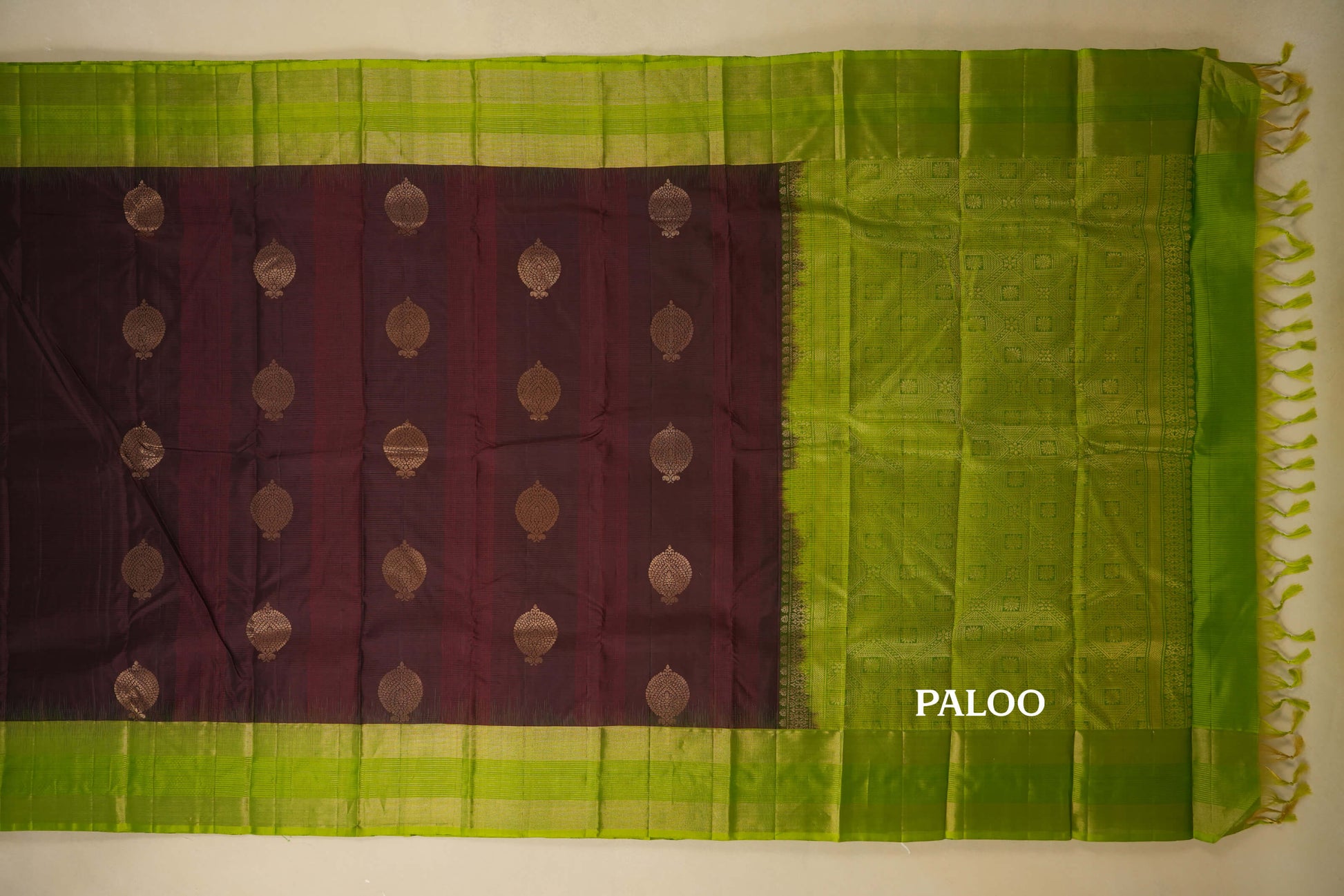 Dark Coffee Brown with Leaf Green Borders Light Weight Kanjivaram Silk Saree paloo