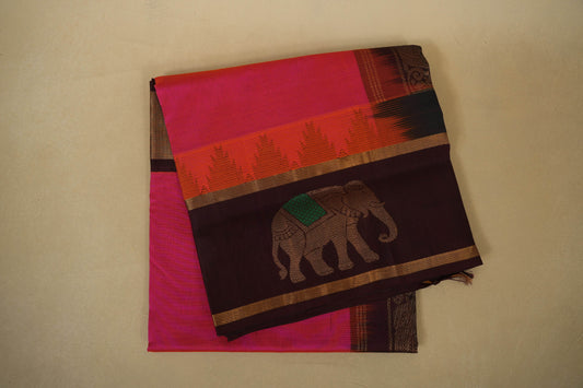 Orangish Pink with Deep Brown Borders Silk Cotton Saree