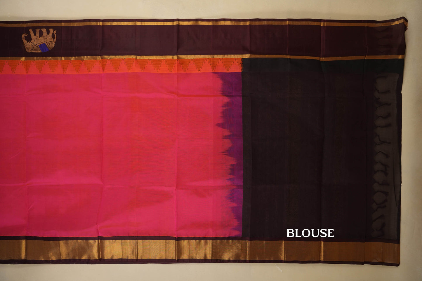 Orangish Pink with Deep Brown Borders Silk Cotton Saree blouse