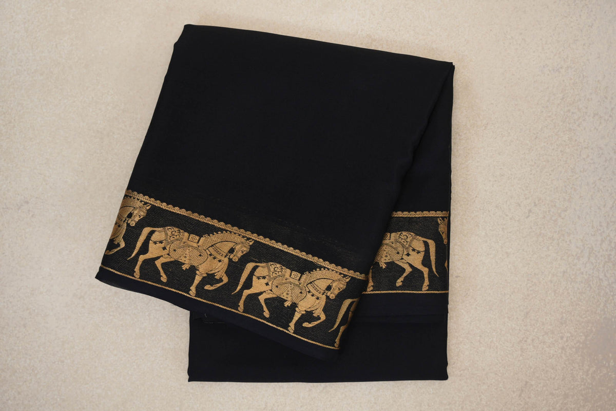 folded Jet Black Mysore Silk Saree 