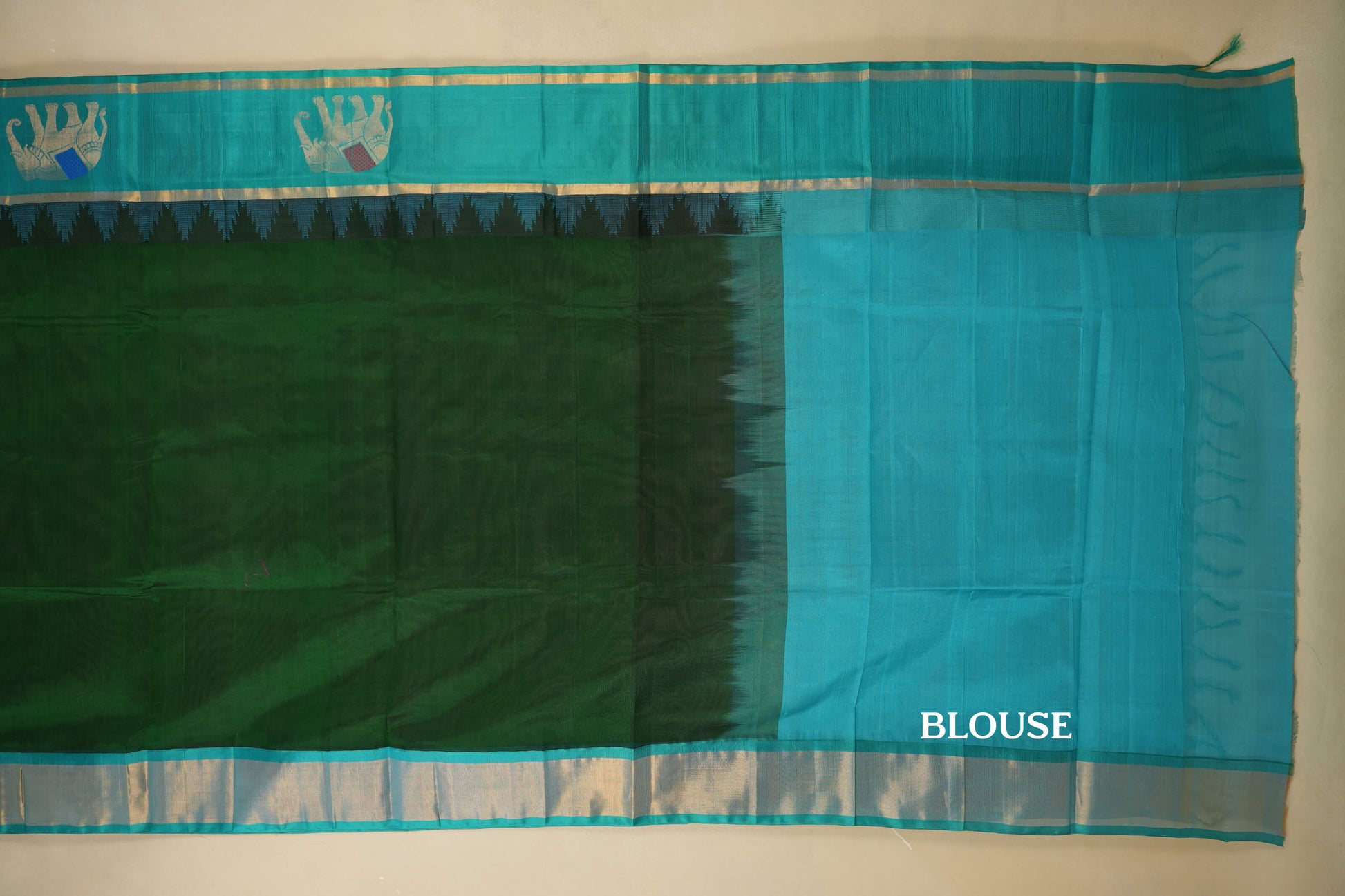 Bottle Green with Rama Blue Borders Silk Cotton Saree blouse