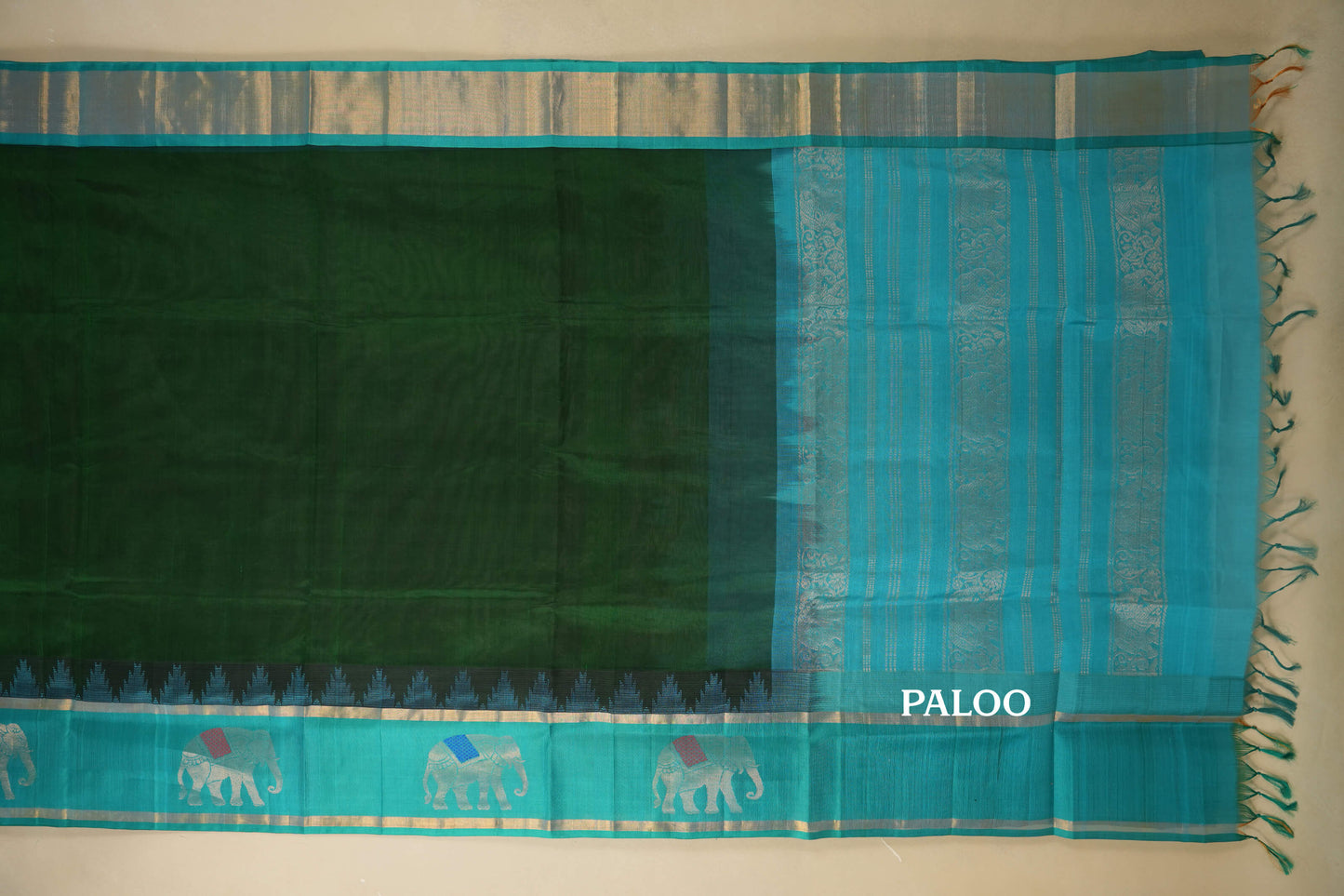 Bottle Green with Rama Blue Borders Silk Cotton Saree paloo