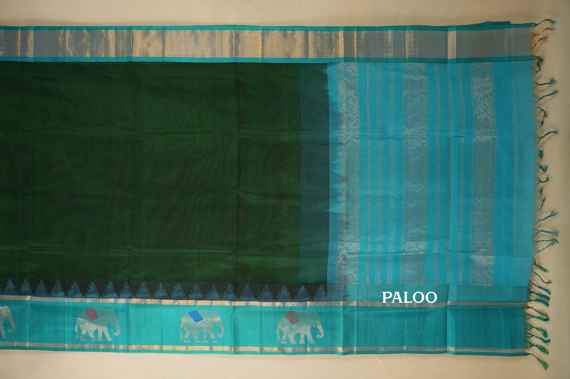 Bottle Green with Rama Blue Borders Silk Cotton Saree paloo