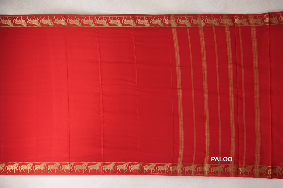 Bright Red Mysore Silk Saree  paloo