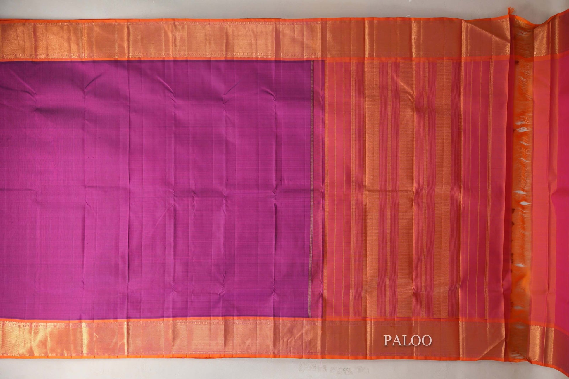 Deep Magenta with Orangish Pink Borders Vintage Kanjivaram Silk Saree paloo