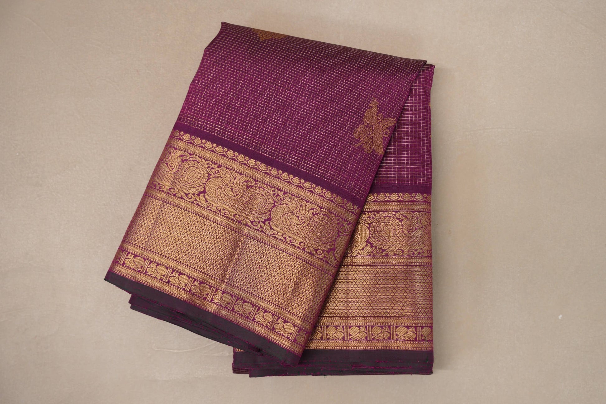 Deep magenta with Small Zari Checks Vintage Kanjivaram Silk Saree