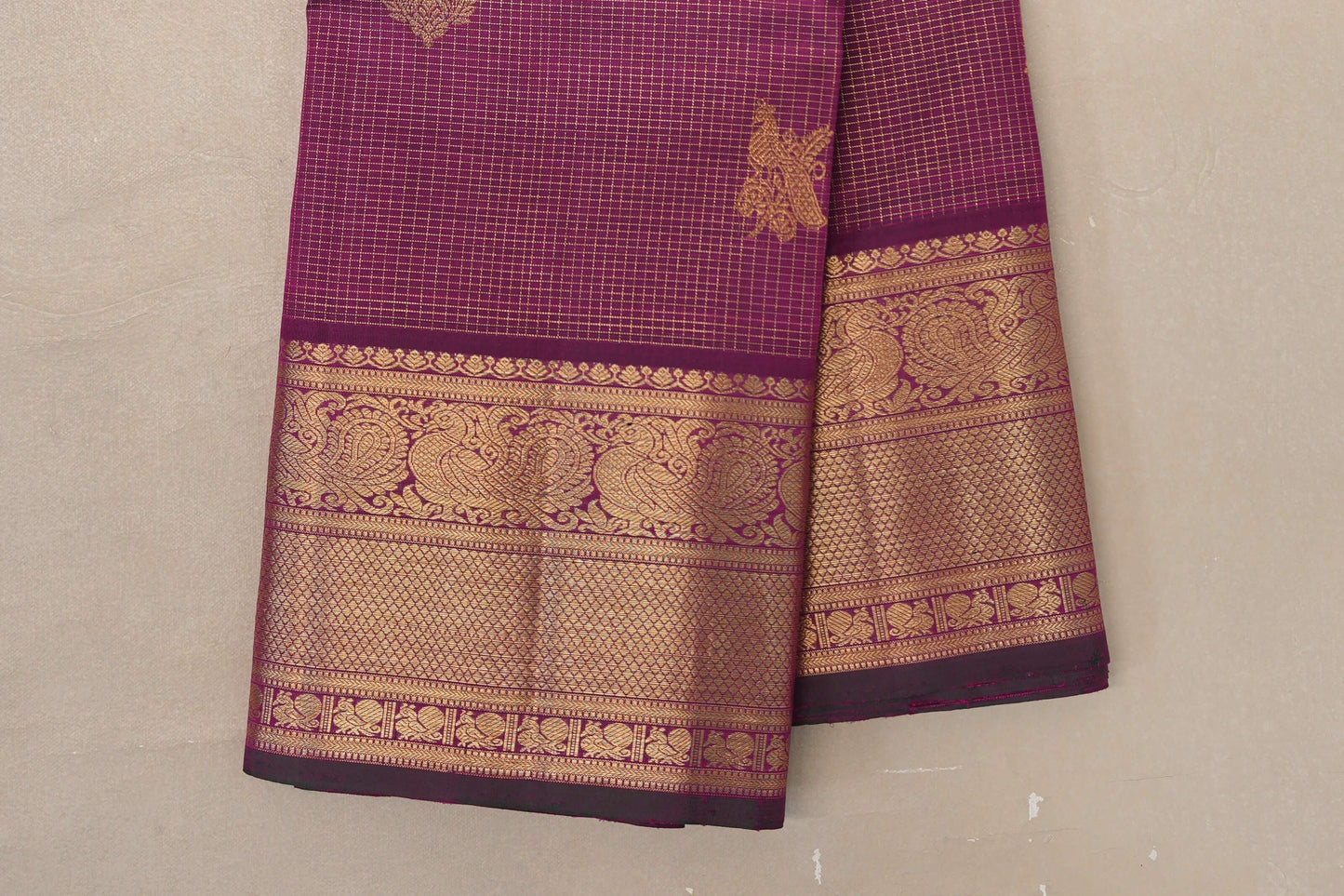 Deep magenta with Small Zari Checks Vintage Kanjivaram Silk Saree borders