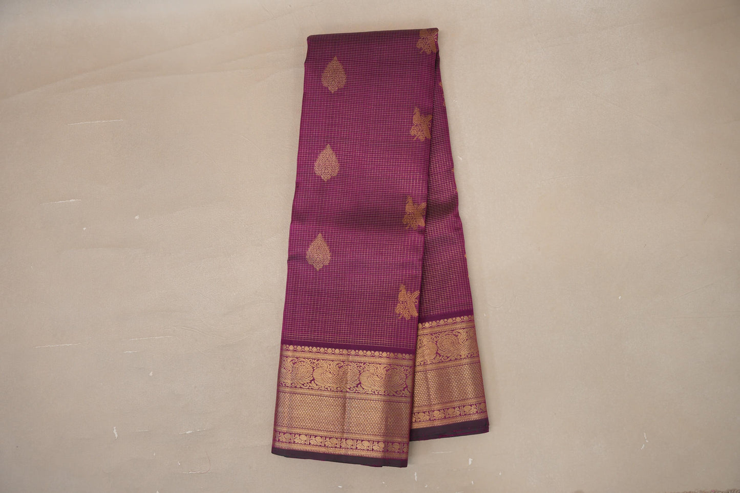 Online Deep magenta with Small Zari Checks Vintage Kanjivaram Silk Saree