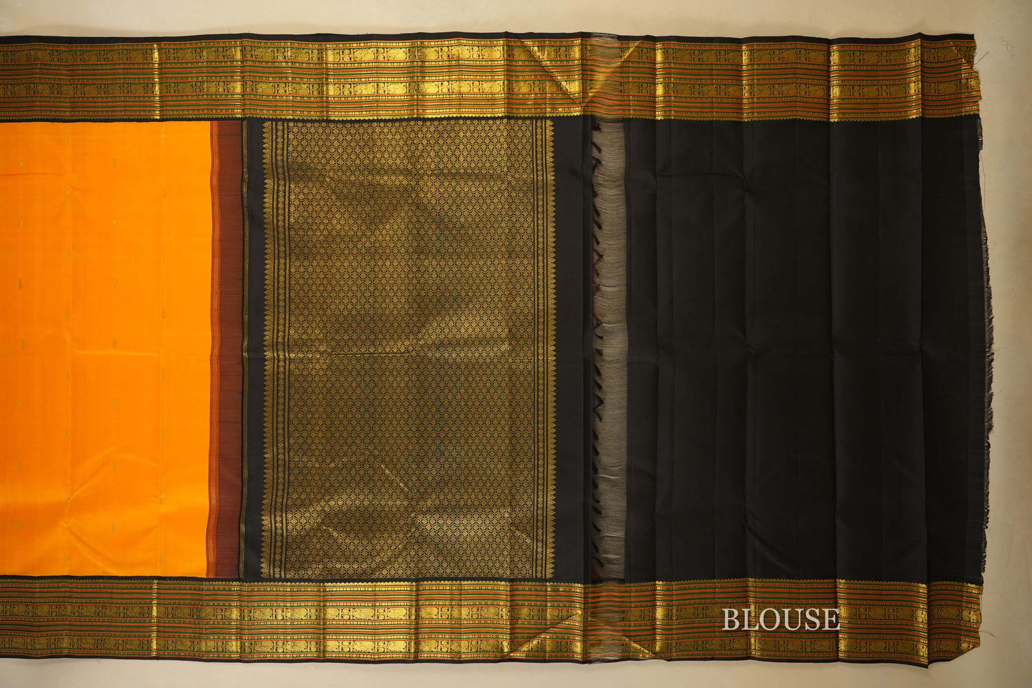 Mango Yellow with black Vintage Kanjivaram Silk Saree  blouse