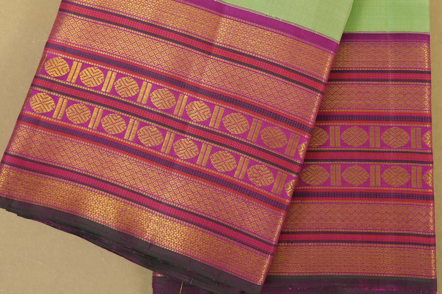 Pista Green with magenta Vintage Kanjivaram Silk Saree border