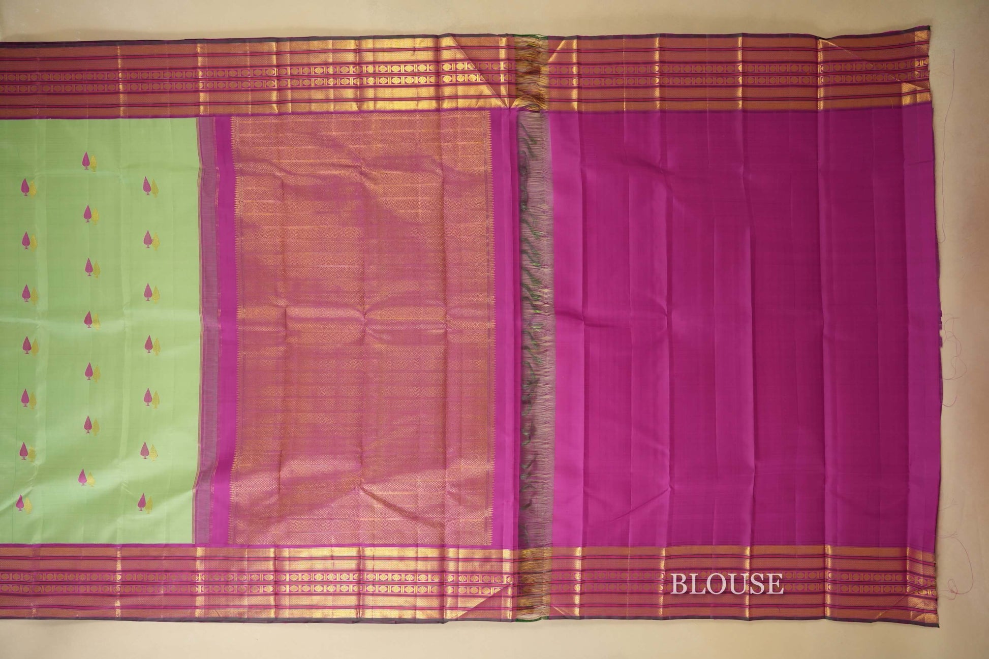 Pista Green with magenta Vintage Kanjivaram Silk Saree blouse