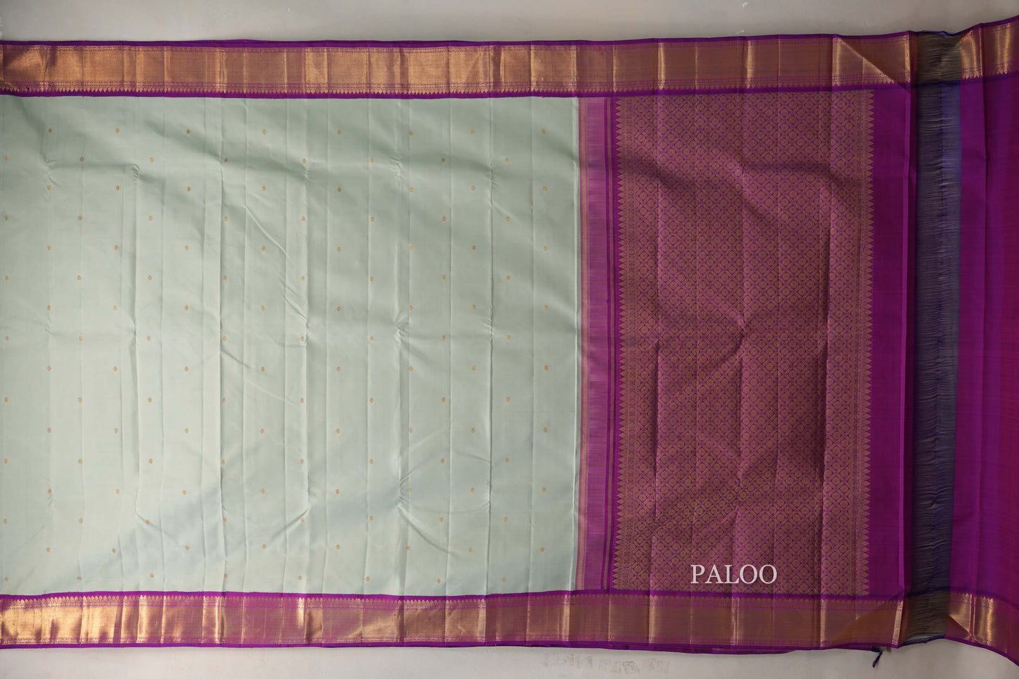 Sage Green with Dual Tone Magenta and Purple Borders Vintage Kanjivaram Silk Saree paloo