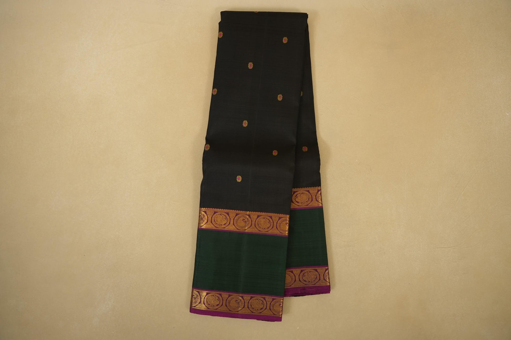 Black with Green/pink Vintage Kanjivaram Silk Saree
