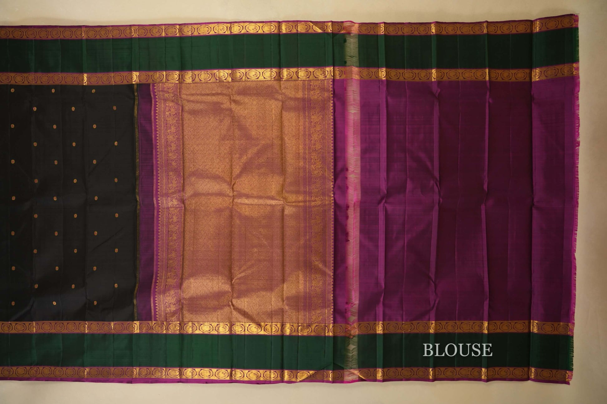 Black with Green/pink Vintage Kanjivaram Silk Saree blouse