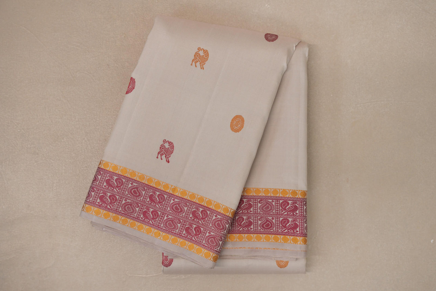 Ivory White with Pink and Mustard Yellow Borders Thread Woven Vintage Kanjivaram Silk Saree