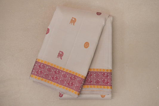 Ivory White with Pink and Mustard Yellow Borders Thread Woven Vintage Kanjivaram Silk Saree