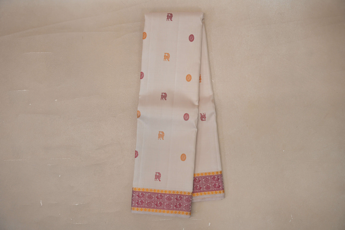 Online Ivory White with Pink and Mustard Yellow Borders Thread Woven Vintage Kanjivaram Silk Saree