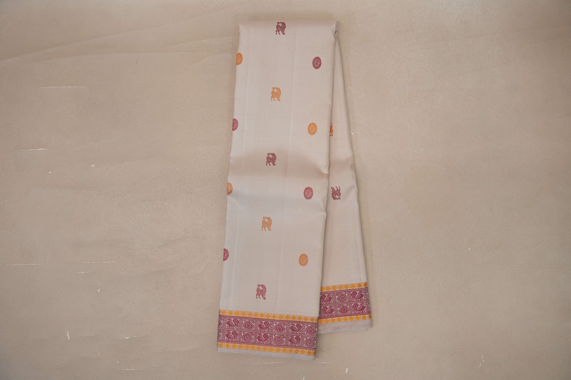Online Ivory White with Pink and Mustard Yellow Borders Thread Woven Vintage Kanjivaram Silk Saree